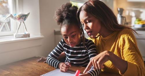 Image of a Learning Partner in a yellow shirt helping her neurodivergent child work on a school project together. 